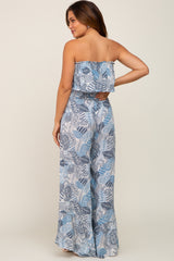 Blue Printed Strapless Ruffle Hem Maternity Jumpsuit