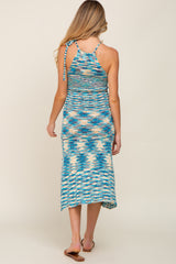 Blue Multicolor Open Knit Halter Maternity Midi Dress