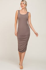 Taupe Ruched V-Back Maternity Midi Dress