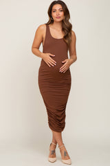 Brown Ruched V-Back Maternity Midi Dress