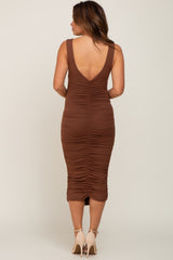 Brown Ruched V-Back Maternity Midi Dress