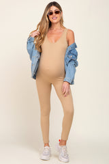 Beige Ribbed Bodycon Maternity Jumpsuit