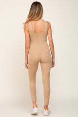 Beige Ribbed Bodycon Maternity Jumpsuit