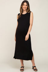 Black Sleeveless Side Slit Maternity Midi Dress