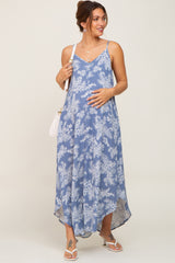 Blue Floral Round Hem Maternity Midi Dress