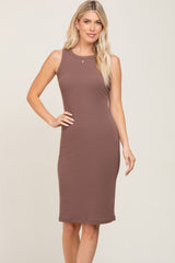 Brown Ribbed Sleeveless Midi Dress