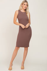 Brown Ribbed Sleeveless Midi Dress