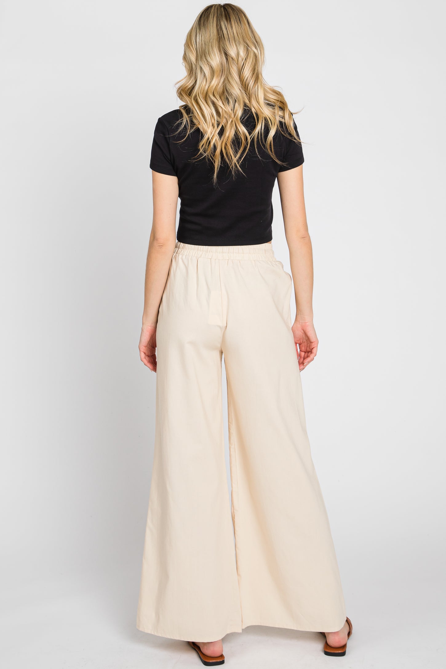 Cream Drawstring Wide Leg Pants