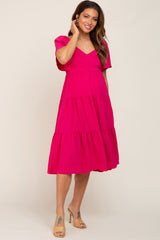 Fuchsia Crisscross Back Tiered Maternity Midi Dress