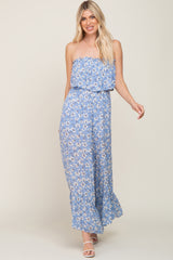 Blue Floral Strapless Ruffle Maternity Jumpsuit