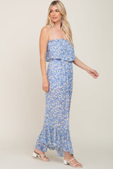 Blue Floral Strapless Ruffle Jumpsuit