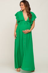 Green Flounce Button Front Maternity Maxi Dress