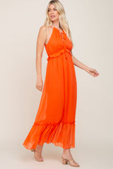 Orange Chiffon Ruffle Accent Halter Maxi Dress