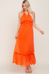 Orange Chiffon Ruffle Accent Halter Maxi Dress