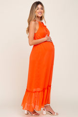 Orange Chiffon Ruffle Accent Halter Maternity Maxi Dress