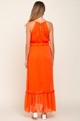 Orange Chiffon Ruffle Accent Halter Maternity Maxi Dress