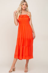 Orange Shirred Ruffle Midi Dress