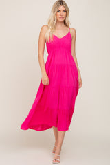 Fuchsia Sleeveless Tiered Midi Dress