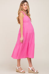 Neon Pink Tiered Crisscross Strap Maternity Midi Dress