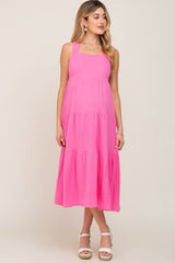 Neon Pink Tiered Crisscross Strap Maternity Midi Dress