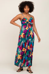 Black Tropical Floral Satin Pleated Maxi Dress