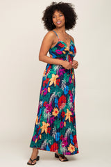 Black Tropical Floral Satin Pleated Maternity Maxi Dress