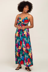 Black Tropical Floral Satin Pleated Maxi Dress