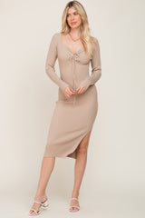 Beige Ribbed Ruched Front Long Sleeve Maternity Midi Dress