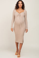 Beige Ribbed Ruched Front Long Sleeve Maternity Midi Dress