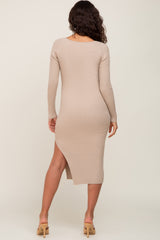 Beige Ribbed Ruched Front Long Sleeve Maternity Midi Dress