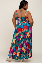 Black Tropical Floral Satin Pleated Plus Maxi Dress