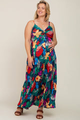 Black Tropical Floral Satin Pleated Maternity Plus Maxi Dress