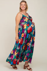 Black Tropical Floral Satin Pleated Maternity Plus Maxi Dress