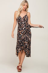 Black Floral Sleeveless Maternity Midi Wrap Dress