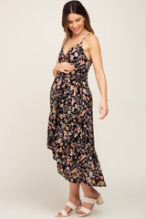 Black Floral Sleeveless Maternity Midi Wrap Dress