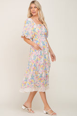 Ivory Floral Chiffon Ruffle Square Neck Puff Sleeve Midi Dress