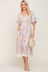 Ivory Floral Chiffon Ruffle Square Neck Puff Sleeve Midi Dress