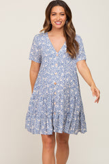 Blue Floral Button Front Tiered Short Sleeve Maternity Dress