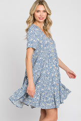 Blue Floral Button Front Tiered Short Sleeve Dress