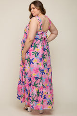 Pink Floral Ruffle Strap Maternity Plus Size Maxi Dress