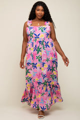 Pink Floral Ruffle Strap Maternity Plus Size Maxi Dress