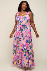 Pink Floral Ruffle Strap Plus Size Maxi Dress