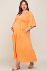 Orange Deep V-Neck Tiered Maternity Plus Maxi Dress