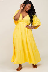 Yellow Deep V-Neck Tiered Plus Maxi Dress