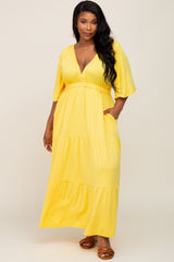 Yellow Deep V-Neck Tiered Plus Maxi Dress