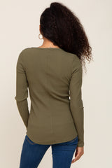 Olive Ribbed Scoop Neck Long Sleeve Top