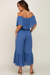 Blue Flounce Off Shoulder Maternity Jumpsuit