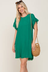 Green Frayed Trim Back Keyhole Linen Maternity Dress