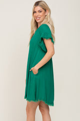 Green Frayed Trim Back Keyhole Linen Dress