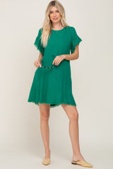 Green Frayed Trim Back Keyhole Linen Dress